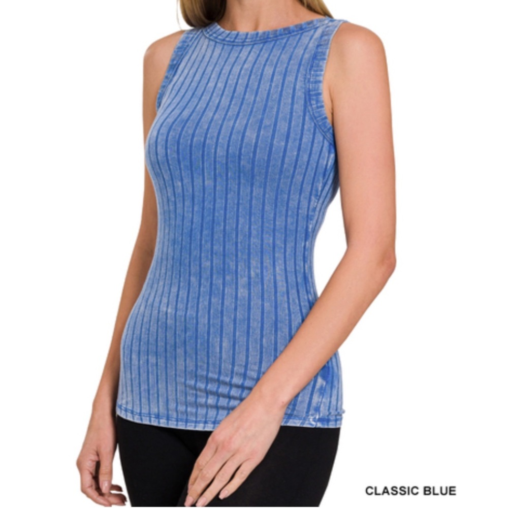 🟠NWT ZENANA Ribbed Washed Tank in Blue - Picture 3 of 5